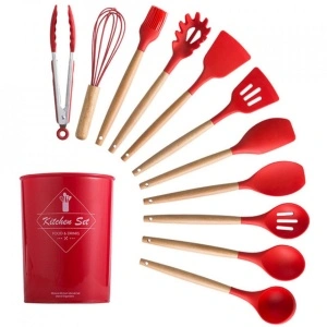 Set 12 ustensile de gatit din silicon, awwaline, maner rezistent din bambus, rosu