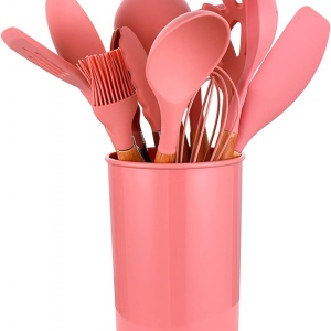 Set 12 ustensile de gatit din silicon, awwaline, maner rezistent din bambus, roz - Img 2