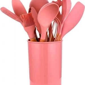 Set 12 ustensile de gatit din silicon, awwaline, maner rezistent din bambus, roz - Img 2