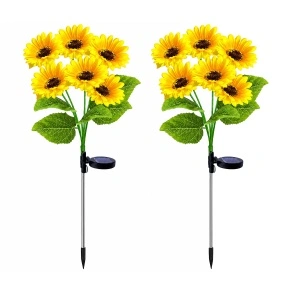 Set 2 lampi solare de gradina, awwaline, Galben/Verde, model Floarea Soarelui cu 6 flori, Senzor de lumina, IP65 impermeabil