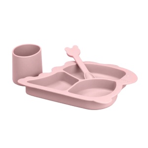 Set hranire bebelusi 4 piese pentru diversificare, awwaline, roz, silicon, BPA free, farfurie cu ventuza, pahar, lingurita si baveta - Img 2