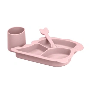 Set hranire bebelusi 4 piese pentru diversificare, awwaline, roz, silicon, BPA free, farfurie cu ventuza, pahar, lingurita si baveta - Img 2