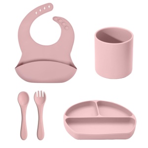 Set hranire bebelusi 5 piese pentru diversificare, awwaline, roz, silicon, BPA free, baveta, farfurie cu ventuza, pahar, lingurita si furculita - Img 1