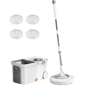 Set mop rotativ cu galeata, awwaline, Alb/Gri, storcator centrifuga, galeata portabila 10 litri, 4 rezerve mop, sistem evacuare apa - Img 1