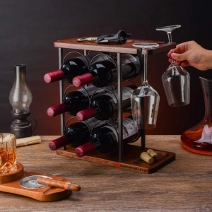 Suport 6 sticle de vin cu sistem suspendat pentru 2 pahare, awwaline, maro, lemn, 34 x 35 x 16 cm - Img 3