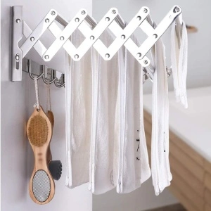 Suport extensibil pentru haine si prosoape, awwaline, argintiu, inox, 7 bare, 5 carlige, 13-35 cm x 60 cm x 14.5 cm - Img 5