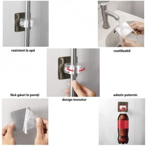 Suport multifunctional de perete, awwaline®, sistem ingenios de agatare, prindere cu adeziv fara gauri, ideal pentru maturi si mop - Img 4