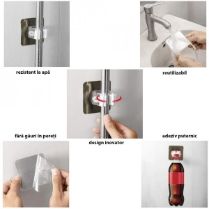 Suport multifunctional de perete, awwaline®, sistem ingenios de agatare, prindere cu adeziv fara gauri, ideal pentru maturi si mop - Img 4