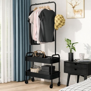Suport portabil pentru haine si umerase, awwaline, negru, 2 compartimente, 2 carlige, 159 x 67 x 30 cm - Img 2