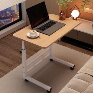 Birou mobil multifunctional cu rotile, awwaline, maro, ajustabil pe inaltime, blat lemn, ideal pentru laptop, teme, mic dejun la pat, 80 x 40 x 60-85 cm - Img 4