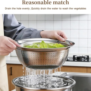 Bol din inox multifunctional cu strecuratoare si razatoare, 3 in 1, awwaline, inox, diametru 26 cm - Img 4