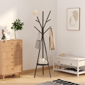 Cuier haine cu suport din lemn pentru accesorii, awwaline, negru, otel carbon, 9 carlige, 180 x 45 cm - Img 2