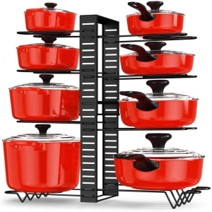 Etajera multifunctionala pentru tigai si capace, neagra, inaltime ajustabila, 8 rafturi