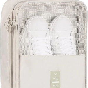 Geanta organizator pentru incaltaminte, awwaline, bej, 23 x 29 x 14 cm, cu fermoar, ideala pentru transport incaltaminte, spatiu depozitare pentru 3 perechi