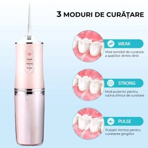 Irigator oral pentru dus bucal, awwaline®, Ultra-Portabil, 4 Capete Curatare, Rezervor 220 ml, roz - Img 3