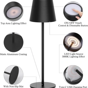 Lampa de masa wireless, awwaline, neagra, metalica, cu touch, 36 x 11.6 cm, reincarcabila USB-C, 3 moduri de ilumiare, 2W - Img 3