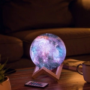 Lampa de veghe multicolor, awwaline, model luna 3D, 7 efecte, reincarcabila, portabila, suport lemn - Img 2