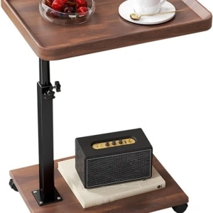 Masuta cafea portabila, awwaline, maro, cadru metalic negru, 2 blaturi MDF, inaltime ajustabila, 40 x 30 x 45-85 cm