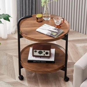 Masuta cafea rotunda cu roti, awwaline, lemn, maro, 2 nivele, 41 x 41 x 69 cm - Img 3
