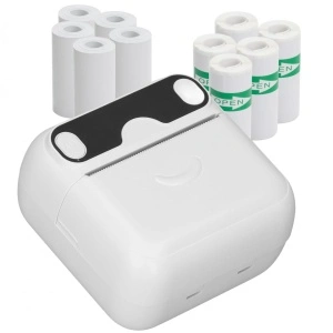 Mini imprimanta portabila, awwaline, alba, Bluetooth, aplicatie pe telefon, compatibil IOS/Android, termica, fara toner, baterie integrata, 5 role autoadezive + 5 role simple incluse