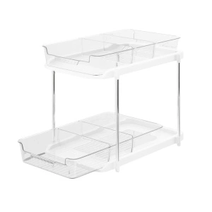 Organizator universal cu 2 rafturi retractabile si separatoare, awwaline, Alb/Transparent, recipient de depozitare multifunctional si glisant, 30 x 20 x 28 cm