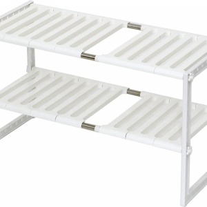 Raft organizator extensibil cu 2 etaje, awwaline, alb, 38-70 x 26 x 38 cm, ideal pentru spatiul de sub chiuveta - Img 1