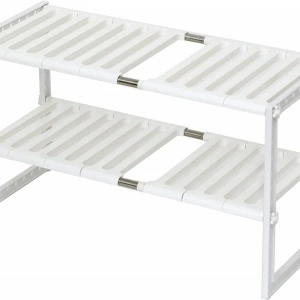 Raft organizator extensibil cu 2 etaje, awwaline, alb, 38-70 x 26 x 38 cm, ideal pentru spatiul de sub chiuveta - Img 1