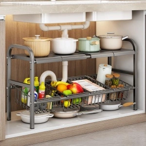 Raft organizator extensibil cu 2 etaje si 4 cosuri, awwaline, negru, 55-85 x 38 x 53 cm, ideal pentru spatiul de sub chiuveta - Img 6