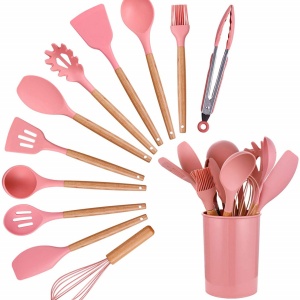 Set 12 ustensile de gatit din silicon, awwaline, maner rezistent din bambus, roz - Img 1