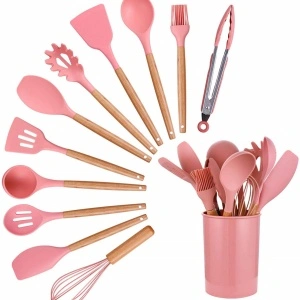 Set 12 ustensile de gatit din silicon, awwaline, maner rezistent din bambus, roz