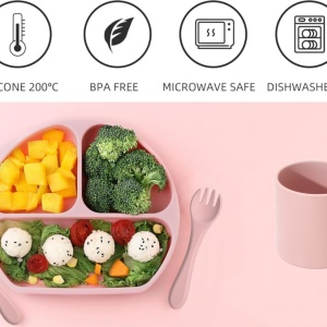 Set hranire bebelusi 4 piese pentru diversificare, awwaline, roz, silicon, BPA free, farfurie cu ventuza, cana, lingurita si furculita - Img 5