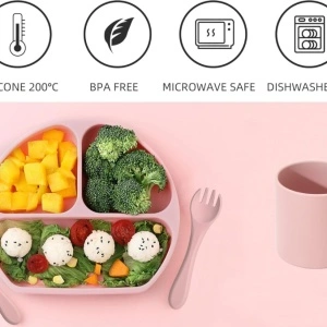 Set hranire bebelusi 4 piese pentru diversificare, awwaline, roz, silicon, BPA free, farfurie cu ventuza, cana, lingurita si furculita - Img 5