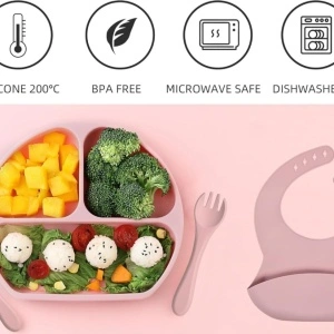 Set hranire bebelusi 5 piese pentru diversificare, awwaline, roz, silicon, BPA free, baveta, farfurie cu ventuza, pahar, lingurita si furculita - Img 4