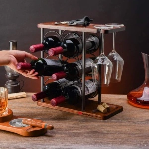 Suport 6 sticle de vin cu sistem suspendat pentru 2 pahare, awwaline, maro, lemn, 34 x 35 x 16 cm - Img 4
