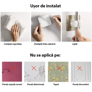 Suport multifunctional de perete, awwaline®, sistem ingenios de agatare, prindere cu adeziv fara gauri, ideal pentru maturi si mop - Img 5