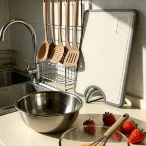 Tocator 2 fete din otel inoxidabil/fibra de paie grau+PP, inox alimentar 304, fara miros, usor de curatat, 41.2 x 28.7 x 1.5 cm, margine antiderapanta din silicon - Img 6