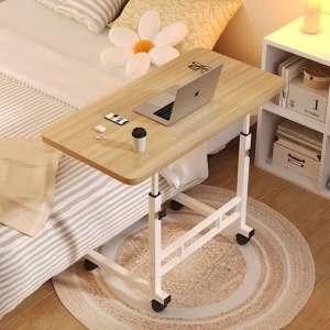 Birou mobil multifunctional cu rotile, awwaline, maro, ajustabil pe inaltime, blat lemn, ideal pentru laptop, teme, mic dejun la pat, 80 x 40 x 60-85 cm - Img 5