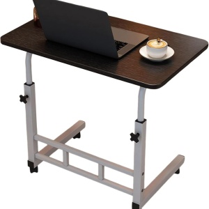 Birou mobil multifunctional cu rotile, awwaline, negru, ajustabil pe inaltime, blat lemn, ideal pentru laptop, teme, mic dejun la pat, 80 x 40 x 60-85 cm - Img 1