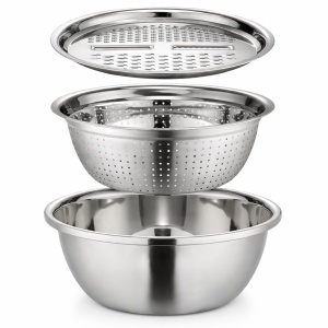 Bol din inox multifunctional cu strecuratoare si razatoare, 3 in 1, awwaline, inox, diametru 26 cm