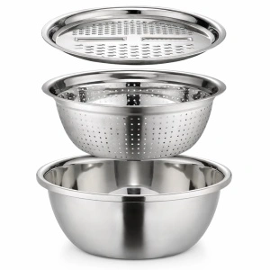 Bol din inox multifunctional cu strecuratoare si razatoare, 3 in 1, awwaline, inox, diametru 26 cm