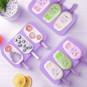 Forma inghetata cu 3 compartimente, awwaline, forme iepurasi, mov, silicon alimentar, 50 de bete, cu capac protectie - Img 8