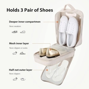 Geanta organizator pentru incaltaminte, awwaline, bej, 23 x 29 x 14 cm, cu fermoar, ideala pentru transport incaltaminte, spatiu depozitare pentru 3 perechi - Img 2