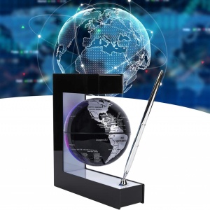Glob pamantesc magnetic plutitor cu iluminare LED, awwaline, negru, 17.3 cm x 19.5 cm x 5 cm, prevazut cu pix cromat si suport - Img 7