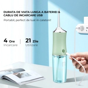 Irigator oral pentru dus bucal, awwaline®, Ultra-Portabil, 4 Capete Curatare, Rezervor 220 ml, verde - Img 2