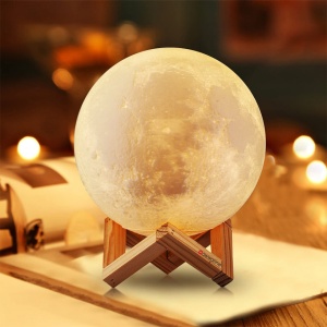 Lampa de veghe, awwaline, model luna 3D, 15cm, multicolora 7 efecte, reincarcabila, portabila, suport lemn - Img 2