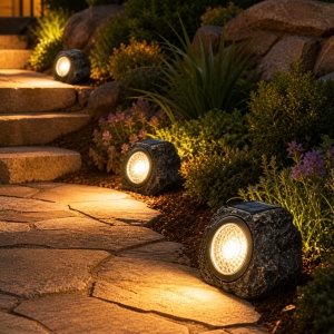 Lampa solara decorativa de exterior, awwaline, forma de piatra, pentru gradina, IP65 impermeabil, lumina puternica 4 LED-uri, lumina alb rece, 11 x 10 cm - Img 2