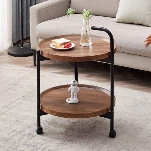 Masuta cafea rotunda cu roti, awwaline, lemn, maro, 2 nivele, 41 x 41 x 69 cm - Img 4