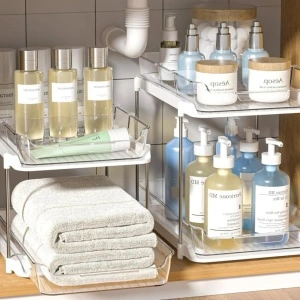 Organizator universal cu 2 rafturi retractabile si separatoare, awwaline, Alb/Transparent, recipient de depozitare multifunctional si glisant, 30 x 20 x 28 cm - Img 2