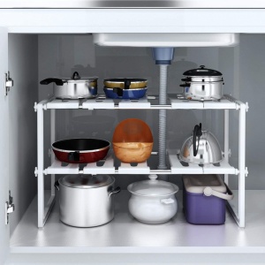 Raft organizator extensibil cu 2 etaje, awwaline, alb, 38-70 x 26 x 38 cm, ideal pentru spatiul de sub chiuveta - Img 2
