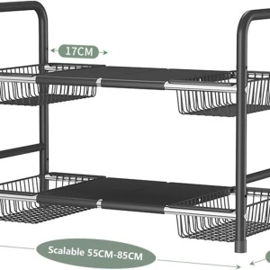 Raft organizator extensibil cu 2 etaje si 4 cosuri, awwaline, negru, 55-85 x 38 x 53 cm, ideal pentru spatiul de sub chiuveta - Img 7